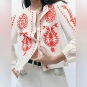 Zara White and Red Embroidered Blouse
